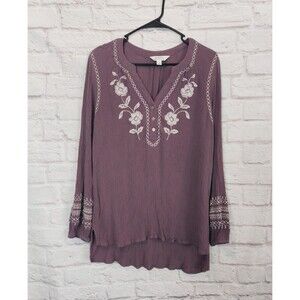 Market & Spruce Split Neck Purple Embroidered Tunic Top size Large Boho, Cottage